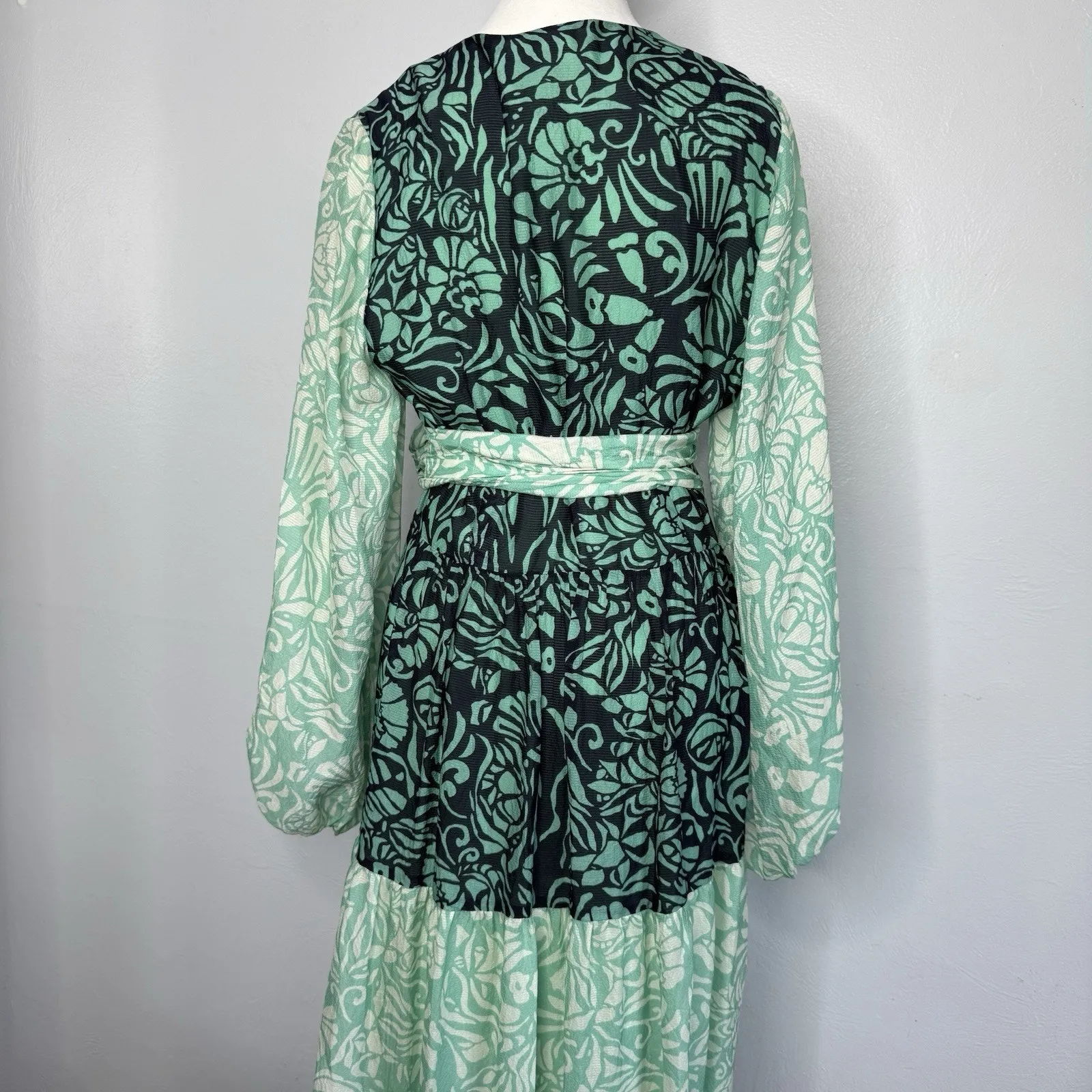 Tanya Taylor Green Floral Silk Wrap Midi Dress Womens 12 Sheer Sleeves Tie Boho - Image 13