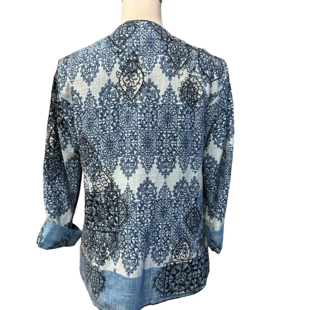 Coldwater Creek Blue W/ Black Embroidery Ikat Variegated Zip Up Blazer Size 10 - Image 5
