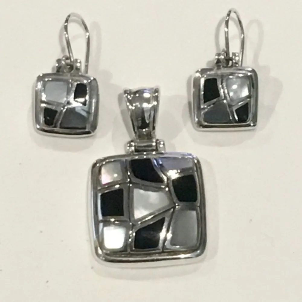 Checkerboard Mosaic Inlay Sterling Onyx Mother of Pearl Drop Earrings & Pendant - Image 13