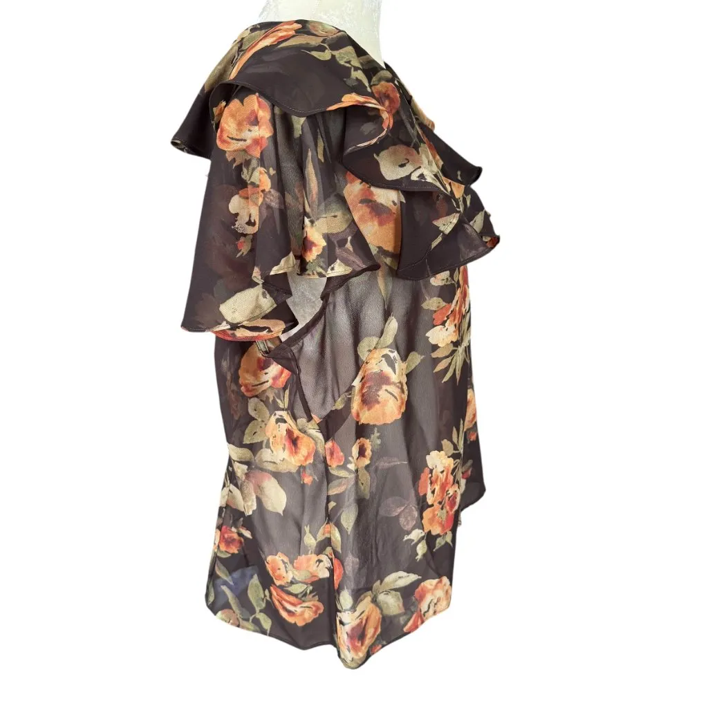 American Living brown floral button down short sleeve sheer ruffle blouse XL - Image 3