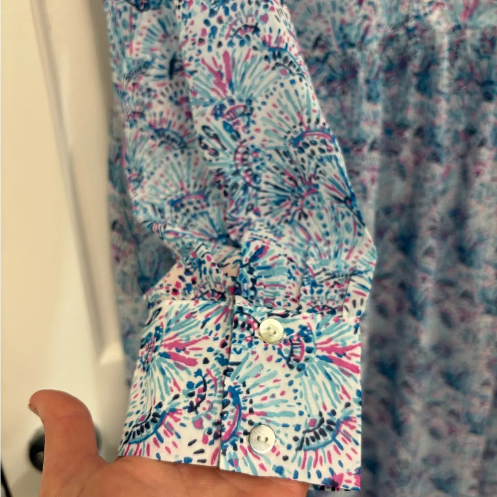 Simply Southern Floral Maxi Dress Sheer Buttons Blue/Pink Pastel Cottage Flowy - Image 4