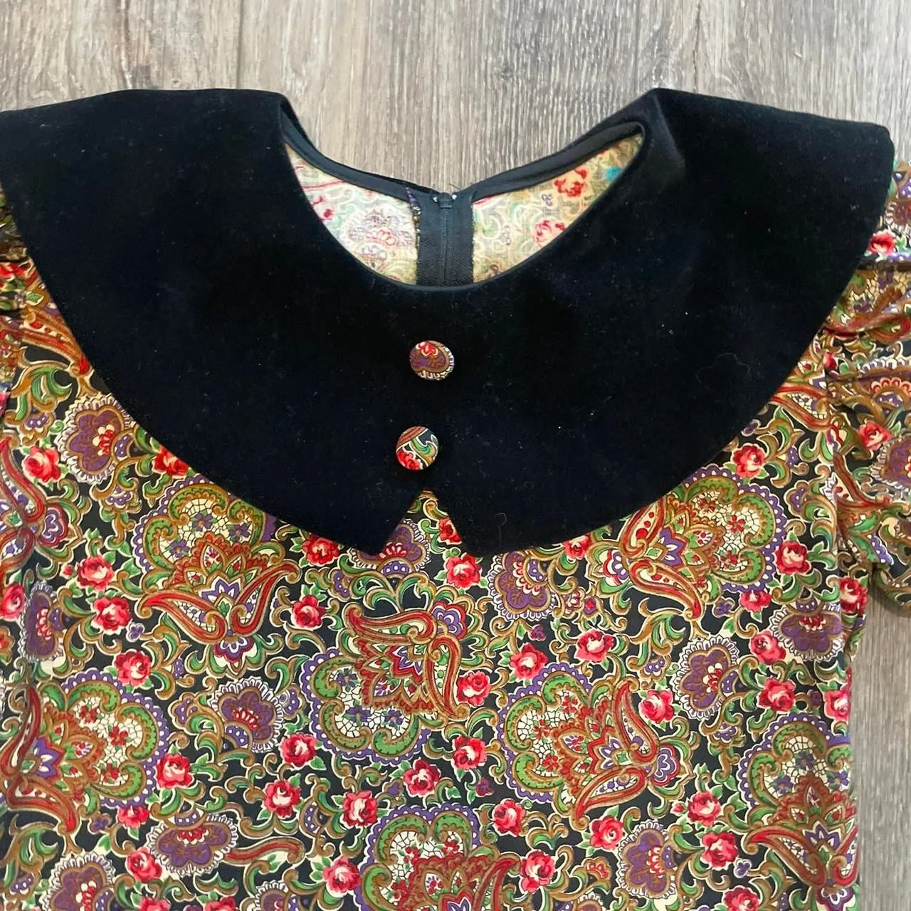 Monday's Child WOMEN'S Dress Sz12 Petite Velvet Collar Paisley Drop Waist Vtg Black Size 12 - Image 2
