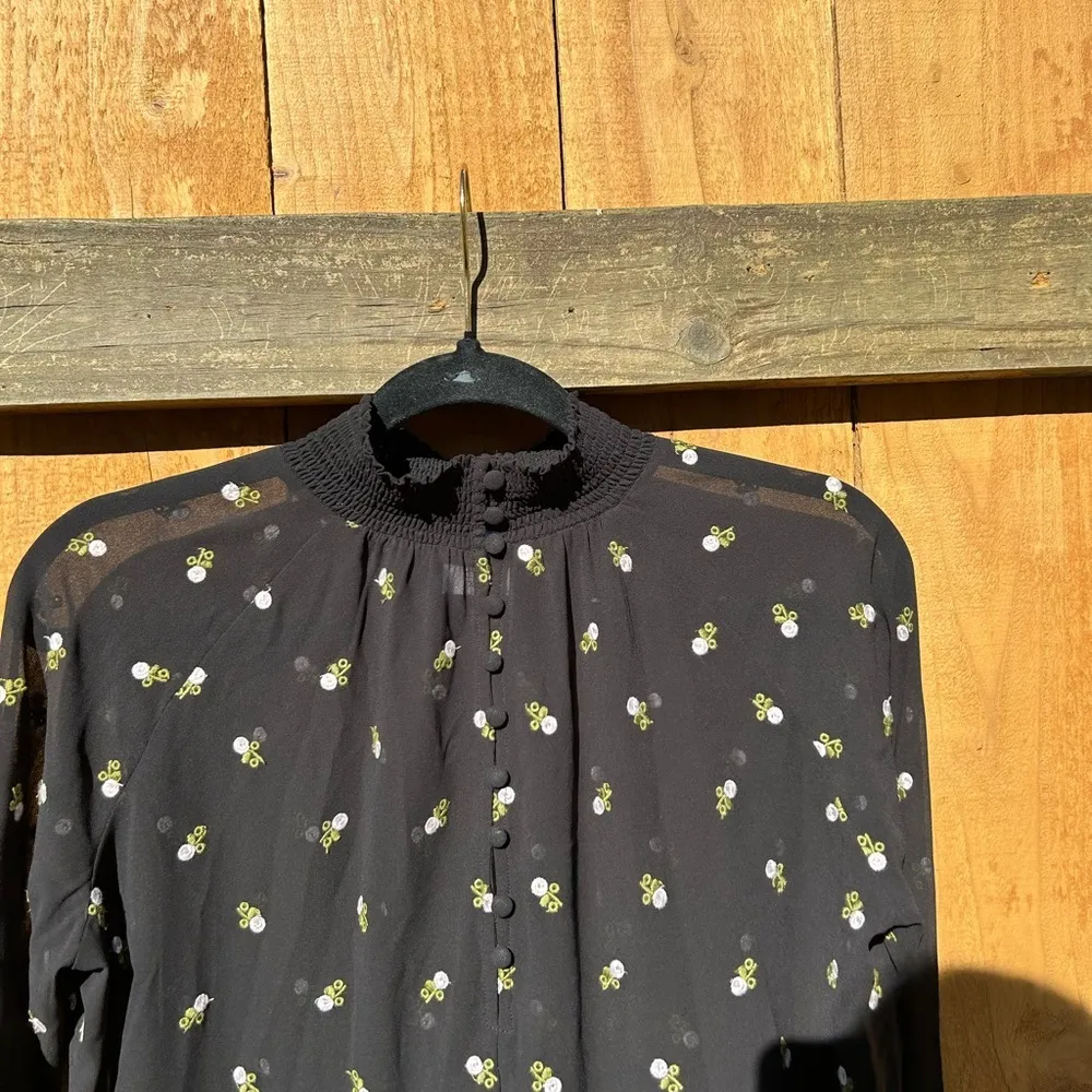 Cabi Floral Embroidered Smocked Neck‎ Long Sleeve Sheer Blouse, Xxs Oversized - Image 3