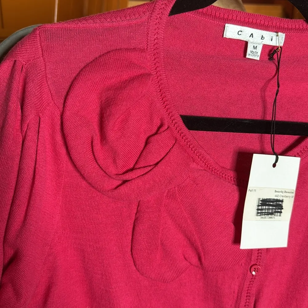 NWT CAbi Pink Swanky Sweater Ruched Bow Cardigan Cotton Cashmere Blend Sz Medium - Image 6