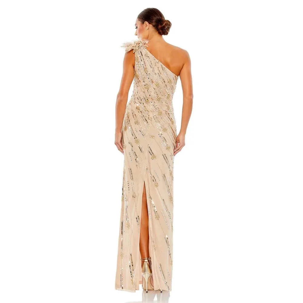 Mac Duggal 93739 Embellished Floral Detail One Shoulder Gown Nude Gold 10 $498 - Image 2