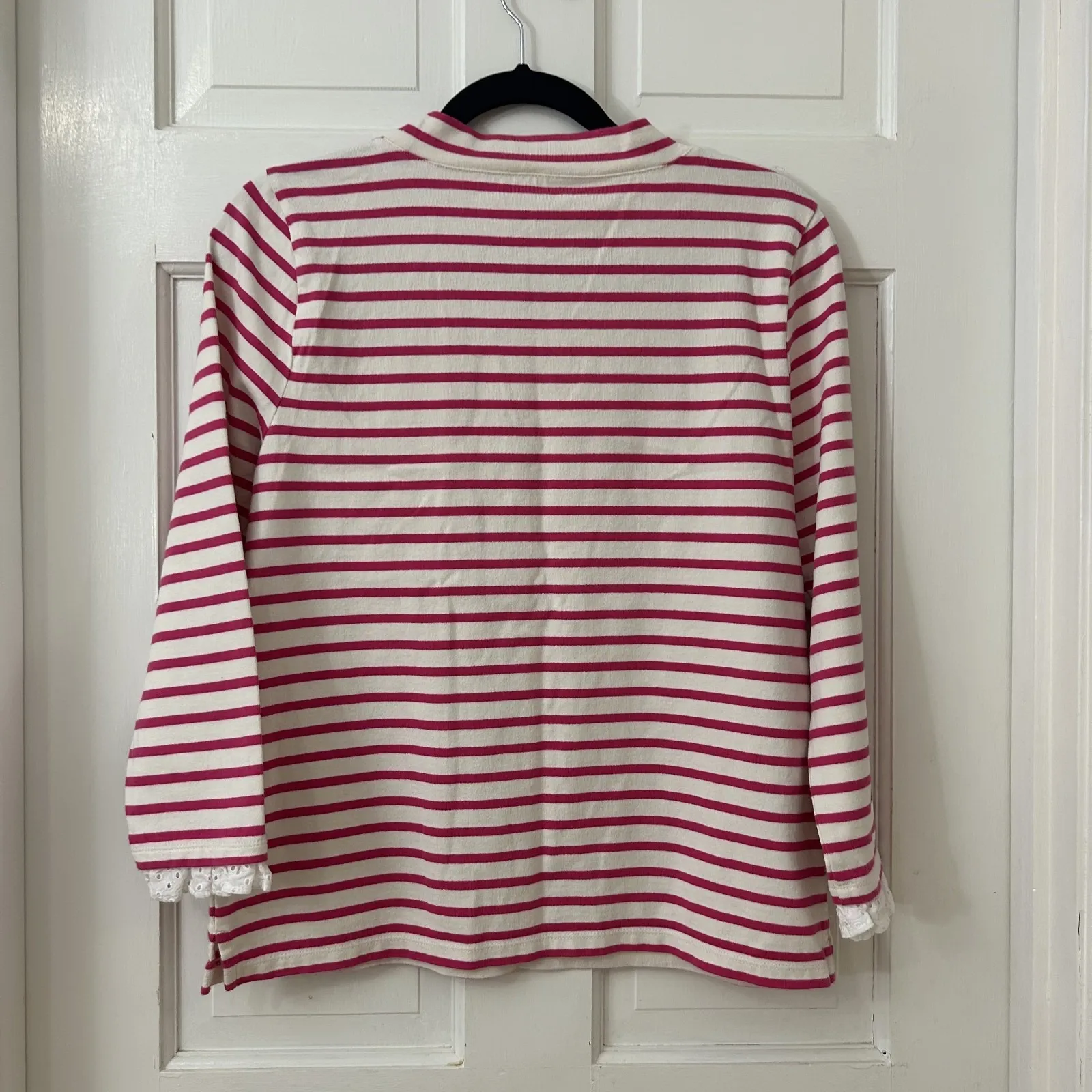 Talbots Striped Heart Applique Sweater Sz MP Pink Ruffle Eyelet Trim Preppy Chic - Image 2