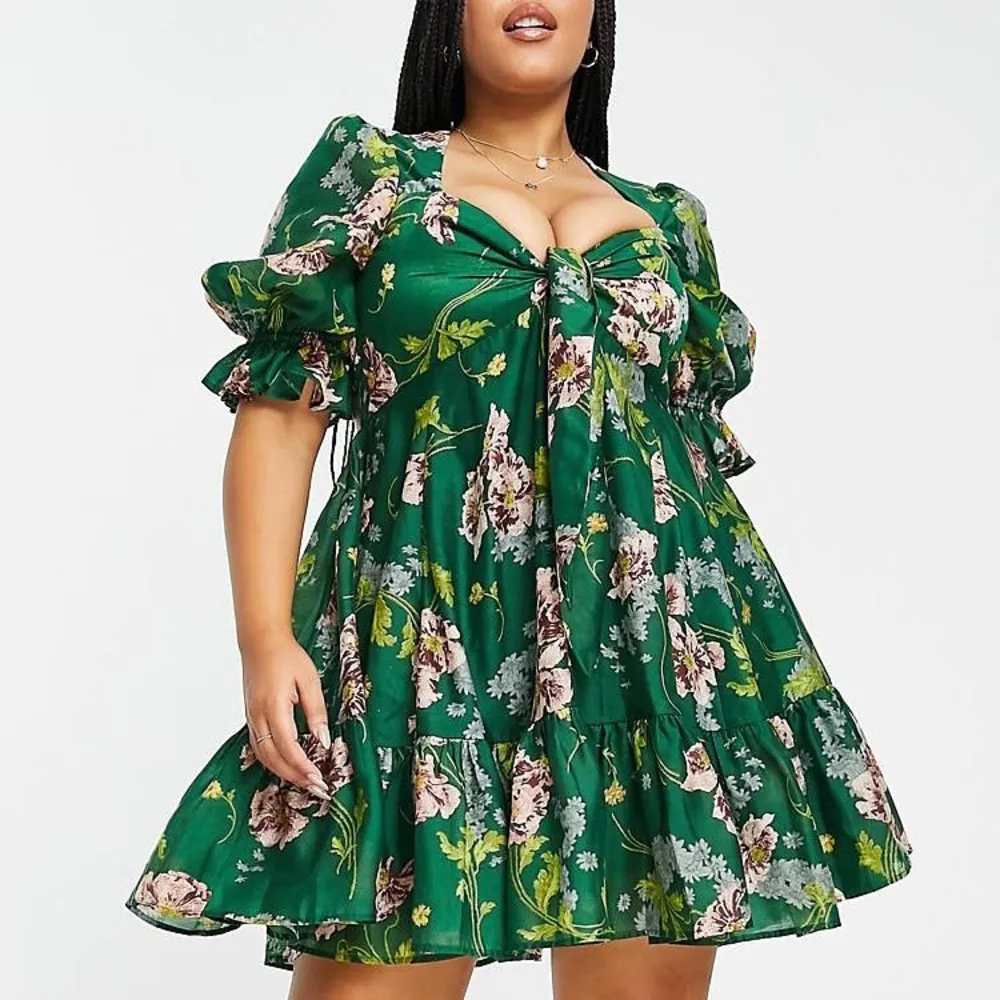 ASOS Tie Front Mini Dress in Textured Voile Art Nouveau Green Floral Size 10 - Image 5