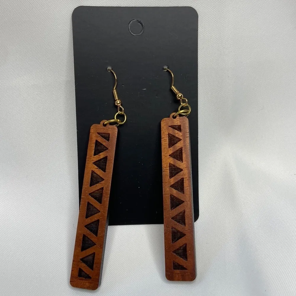 Hand Crafted Triangle Wooden Bar Laser Cut Hawaii Island Wood Pierced Earrings - Image 5