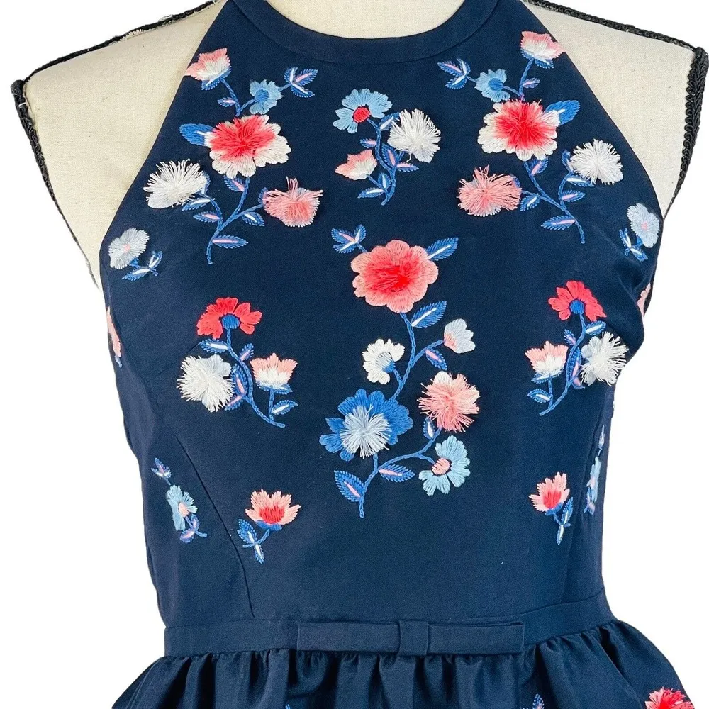 Kate Spade SZ 2 Halter Mini Dress Pom Floral Embroidered Fit 'n Flare Lined Blue - Image 2
