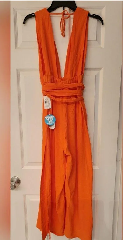 WET Vermillion Orange Plunge Neck Jumpsuit Linen Blend Women’s Size XS - Image 2