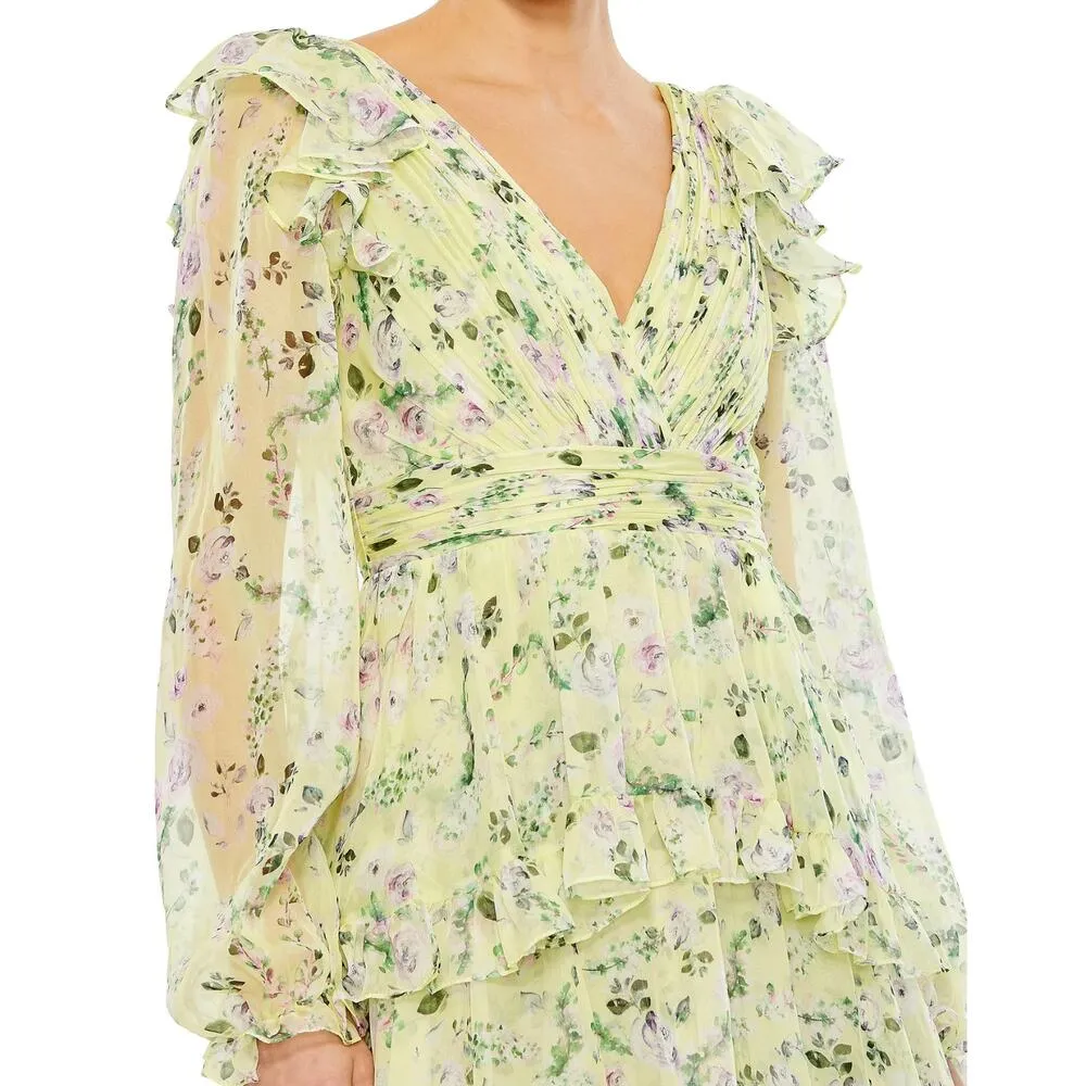 Mac Duggal Green Floral Chiffon Tiered Ruffle Puff Sleeve Gown Garden Party 18 - Image 8
