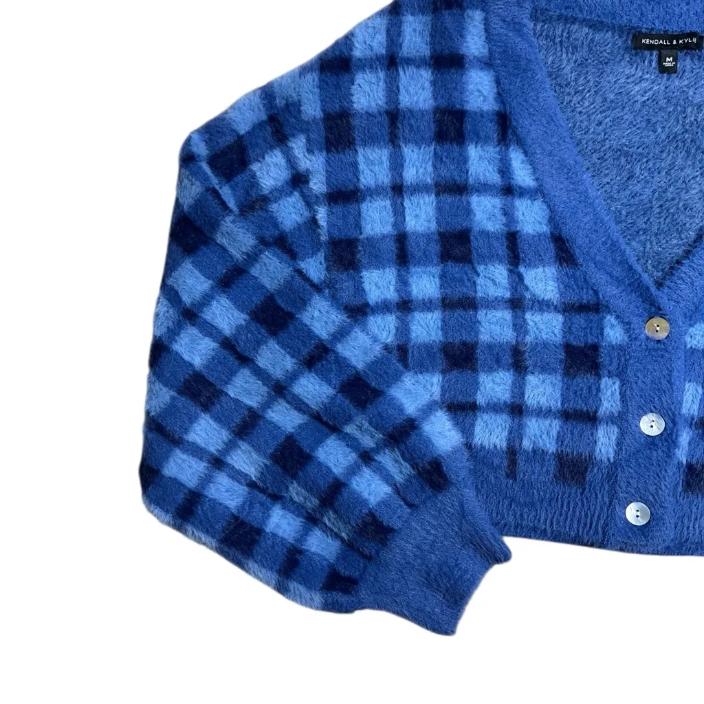 Kendall + Kylie Blue Plaid Faux Fur Cropped Cardigan Womens M - Image 2
