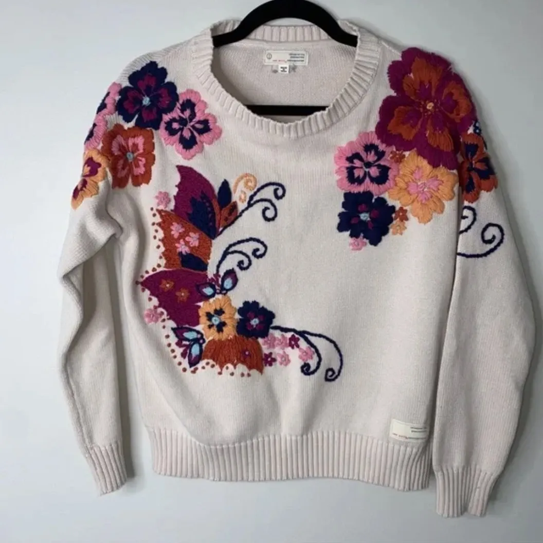 Odd Molly Miss Epic 3D Floral Boho Embroidered Cream Tan Sweater S Grandmacore - Image 2