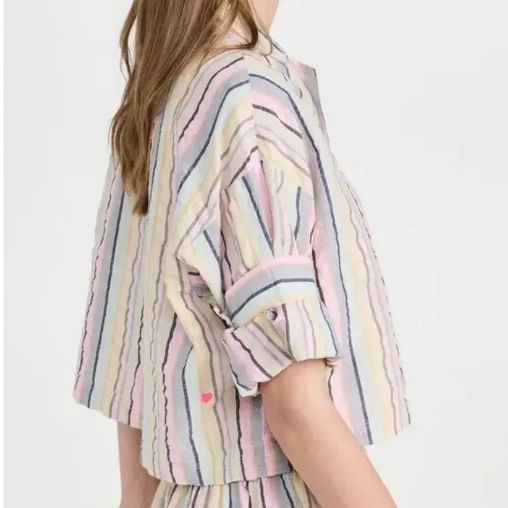 Kerri Rosenthal Sherri Stripe Shirt Small Multicolor Cotton Button Down Heart Pink - Image 4