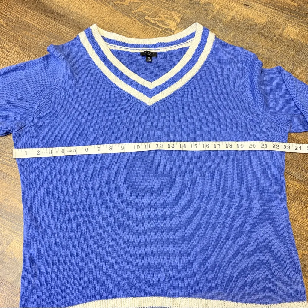Talbots Plus V-neck Sweater 100% Linen Womens 1X Blue Tennis Preppy Cottagecore - Image 4