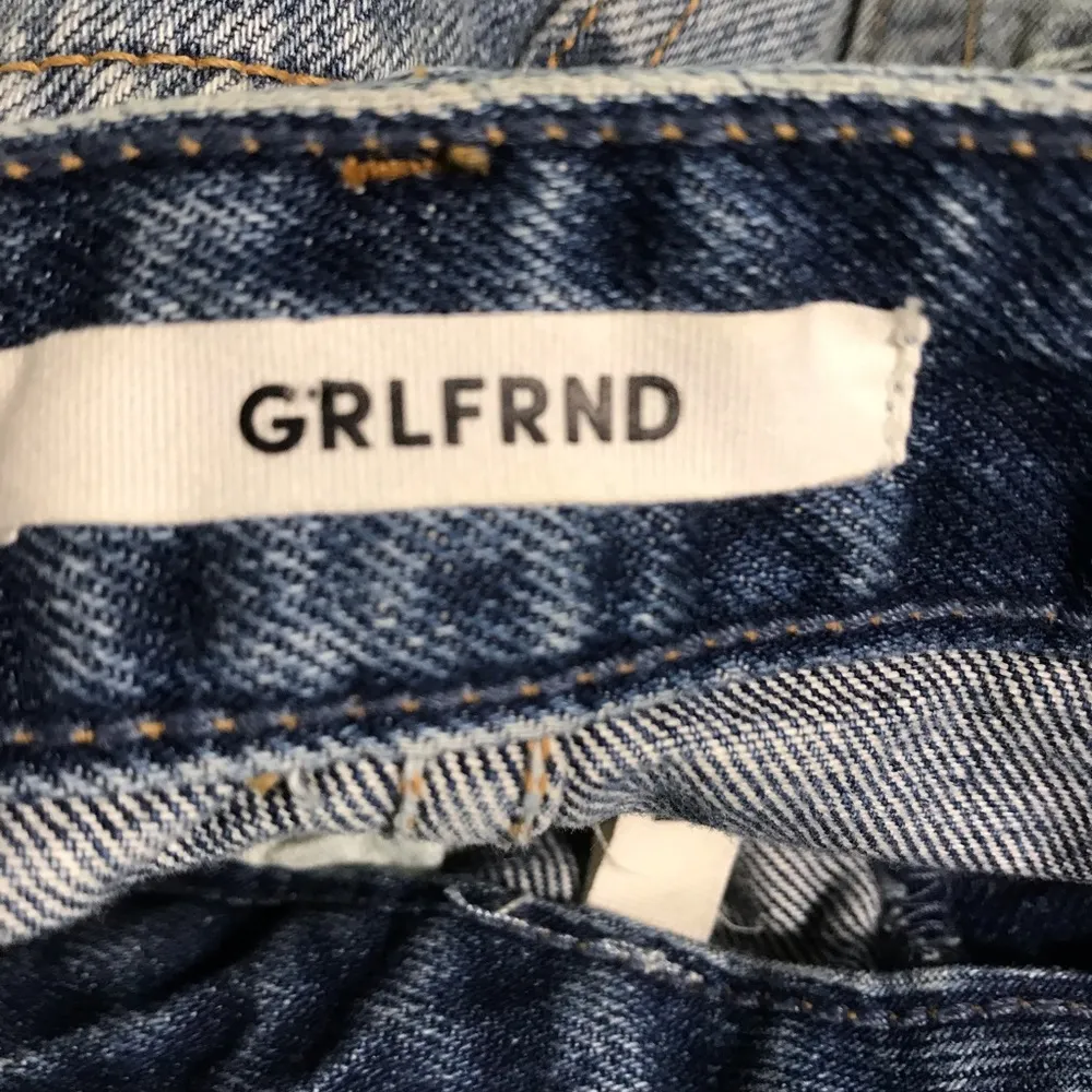 GRLFRND Denim Mini Jean Skirt Distressed Frayed Hem Offset Front Hem Size 26 - Image 2