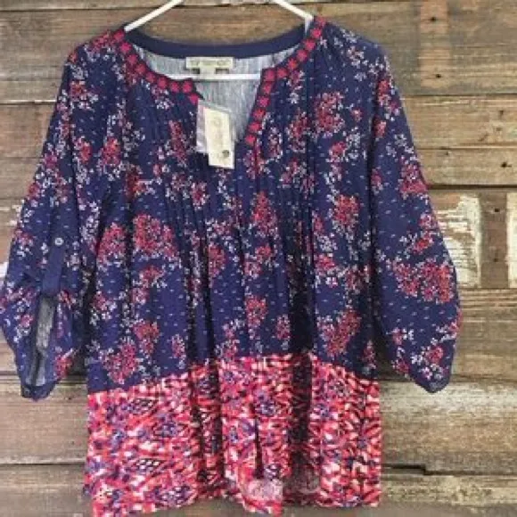 Vintage America Jolita Top V Neck 3/4 Roll Tab Sleeves Navy Print Size M Blue Size M - Image 9