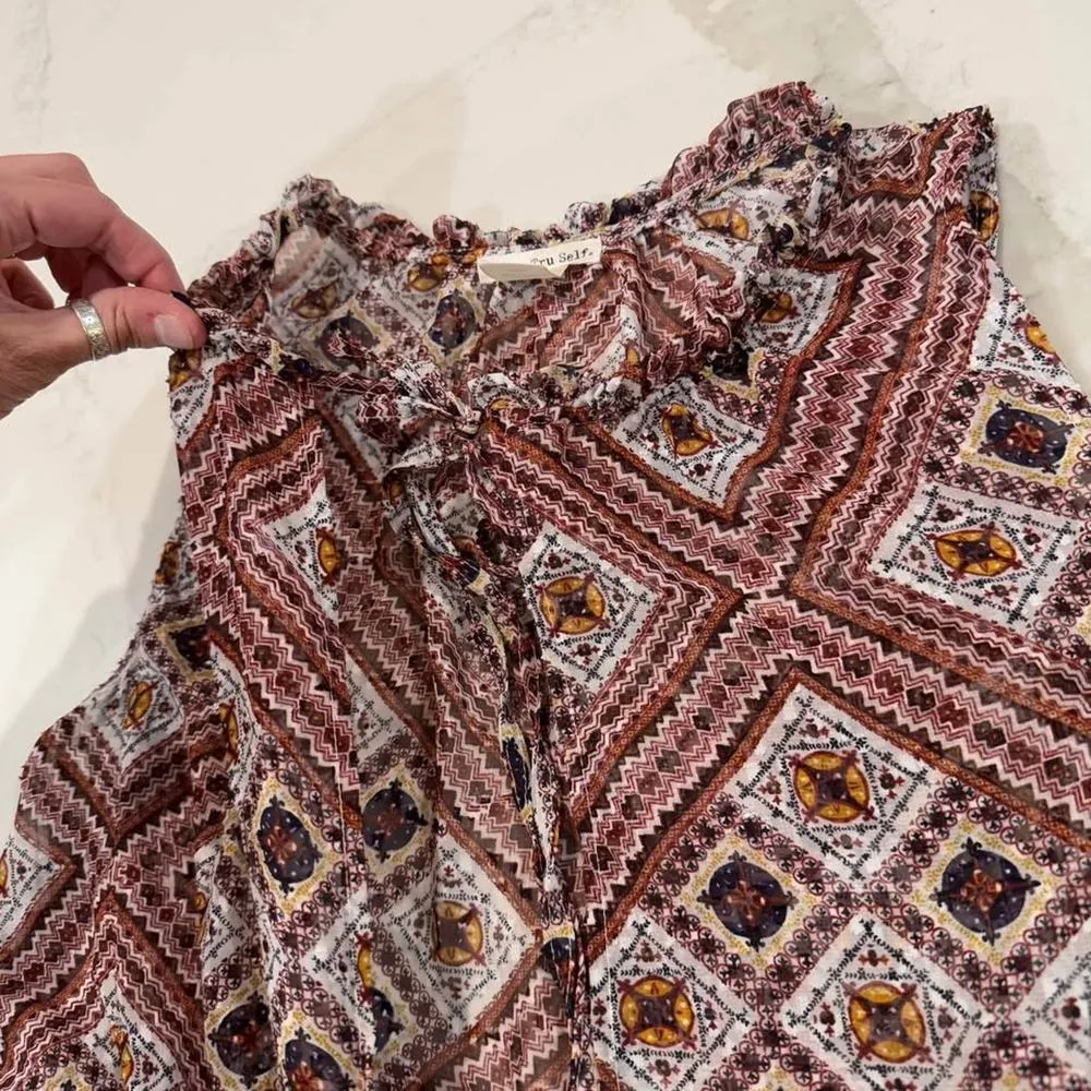 Tru Self Boho Print Lace Navy Open Tie Front Tunic Vest Women's Small Indie Boho - Image 4