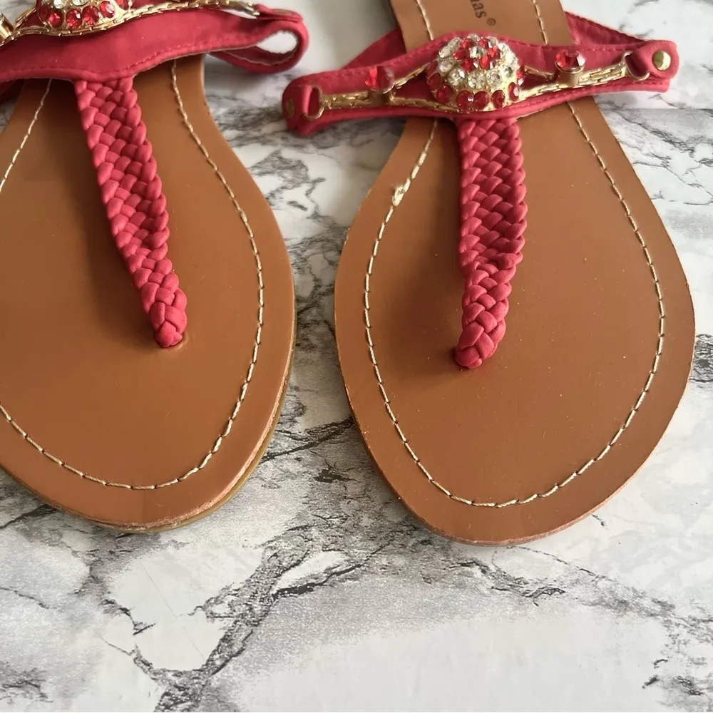 Pierre Dumas Passion Red Embellished Flat T Strap Sandal 5.5 - Image 2