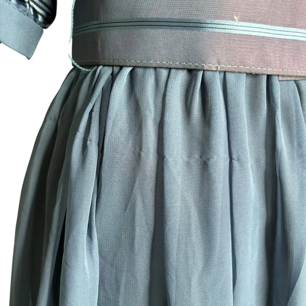 Vintage Blue Sheer Midi Dress Sz Small Metallic Striped Puff Sleeves Belted - Image 5