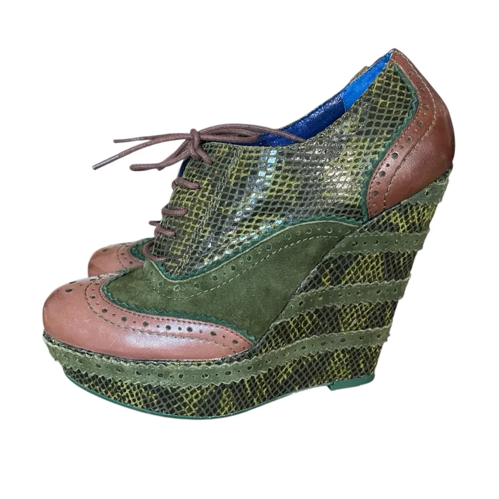 Poetic License Wild Safari Green Brown Leather Oxford Wedge Platform Heels 39 Size 7 - Image 4