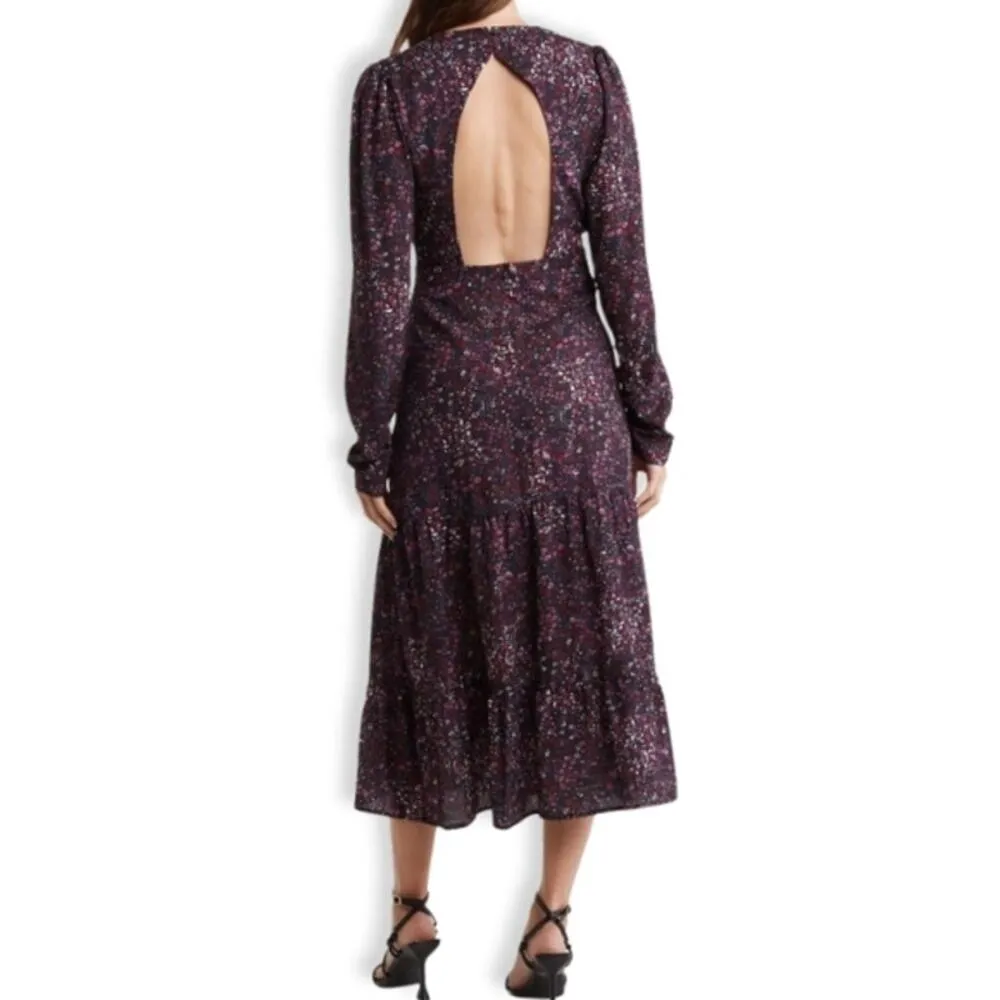 Area Stars Midi Dress Tiered Floral Print Long Sleeve Open Back Multicolor Small - Image 6