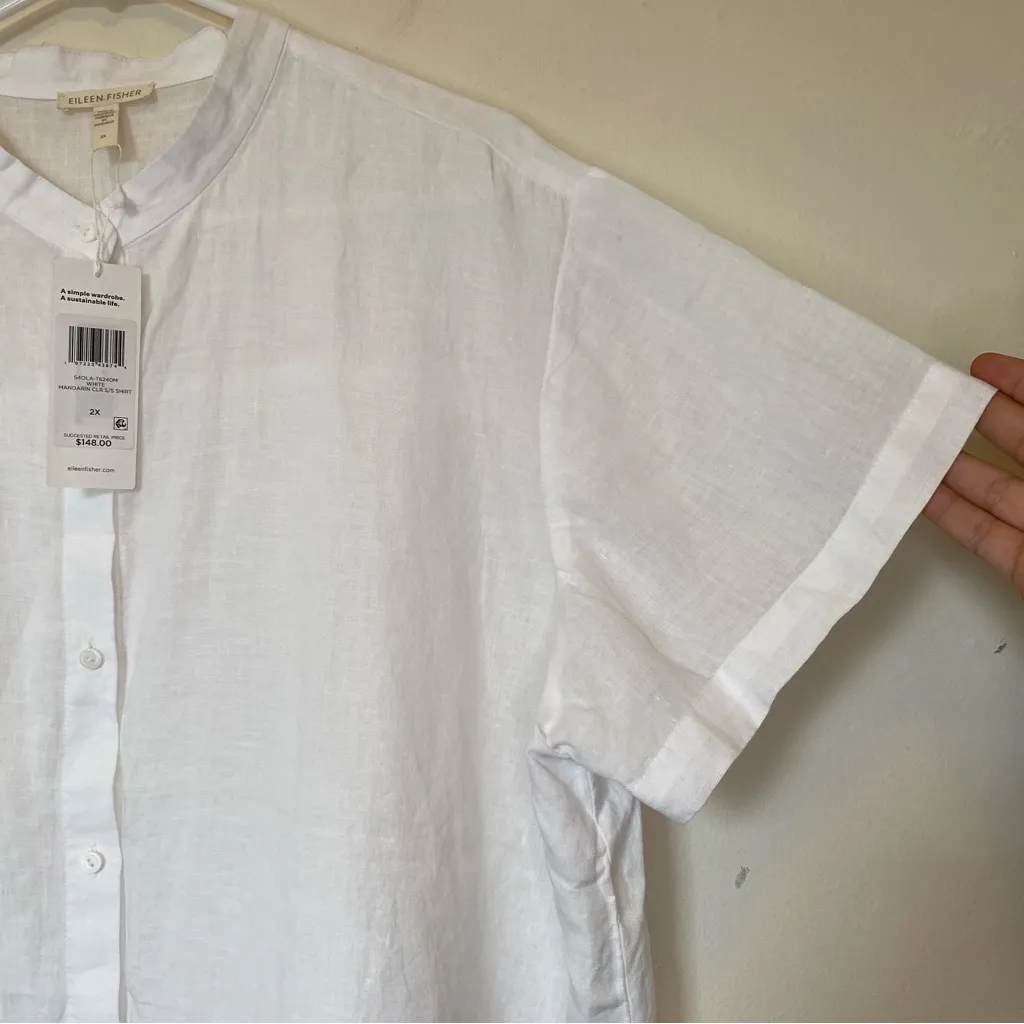 EILEEN FISHER NEW Handkerchief Linen Mandarin Collar Button Down Shirt White 2XL - Image 9