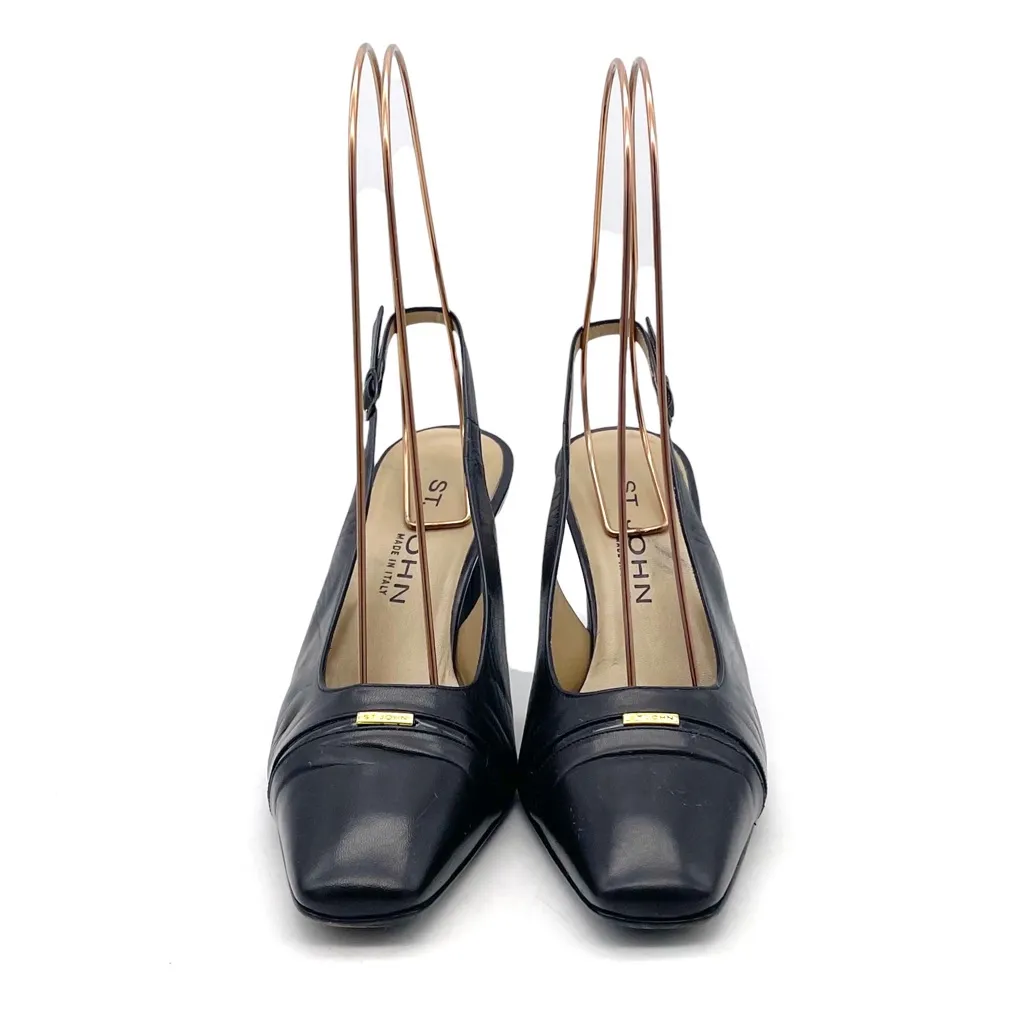 St. John Black Leather Slingback Heels Size 7 Made in Italy Square Toe Pumps VTG - Image 6