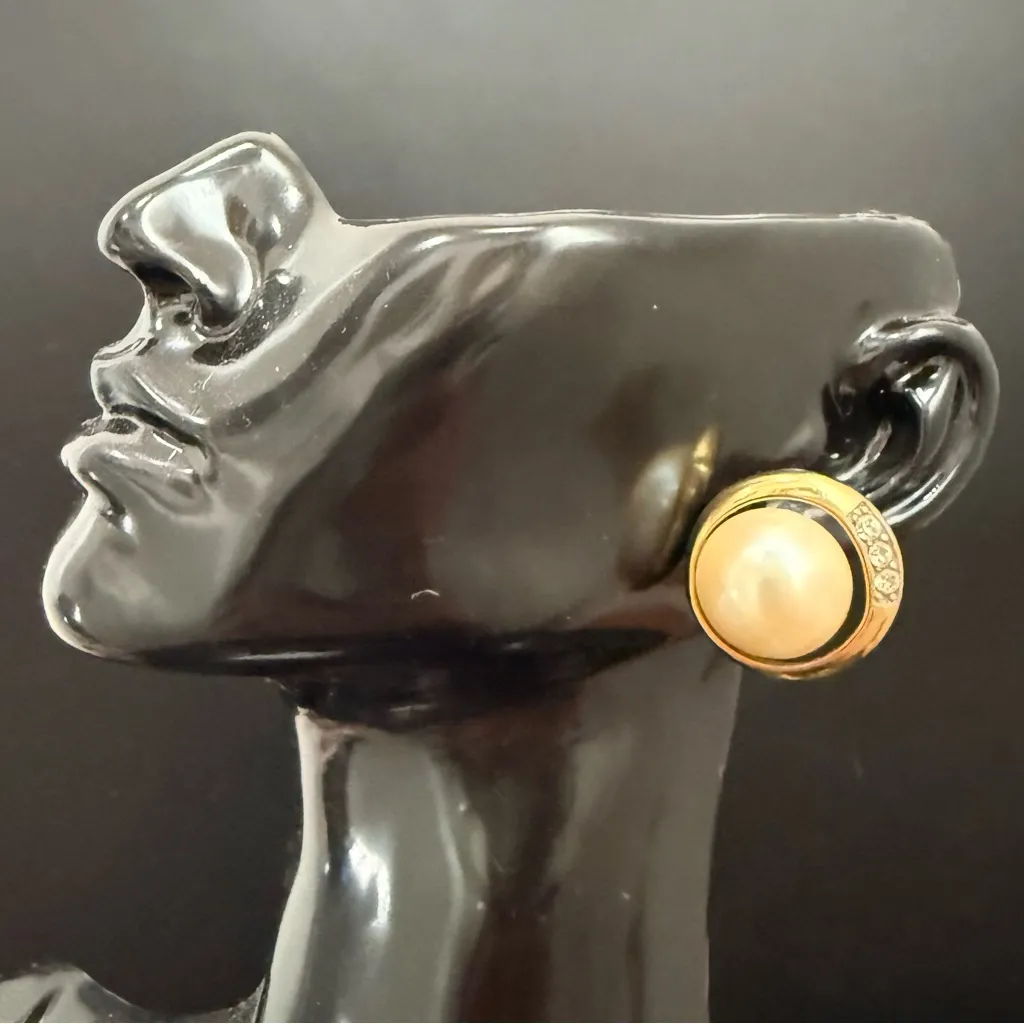 Vintage MONET Signed Gold-tone Faux Pearl Rhinestones Button Post Earrings 14.8g - Image 13