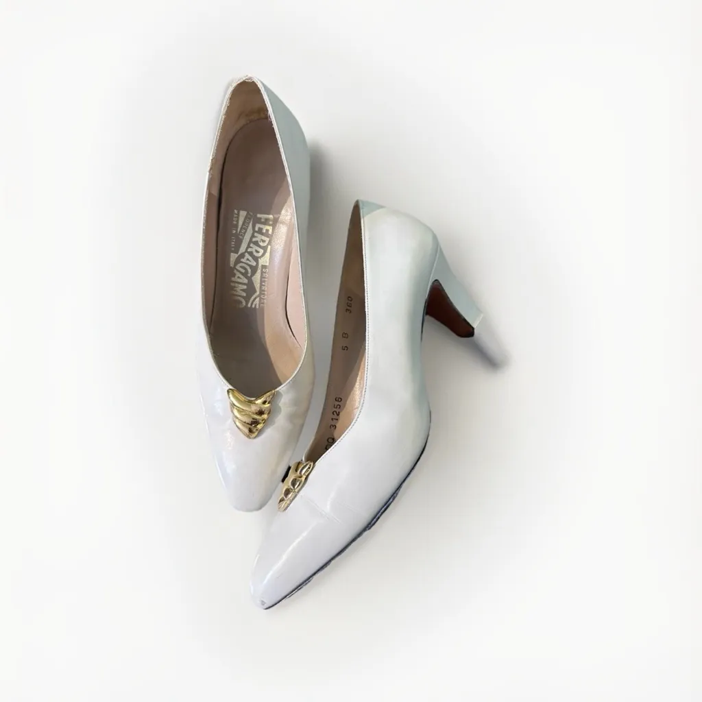 Salvatore Ferragamo Cream Ivory Gold Buckle Pumps Heels ~ Size 5‎ B - Image 2
