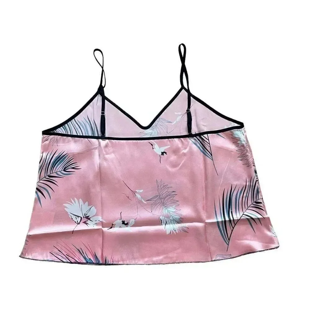 Bohemian Retro Plant Print Pajama Set, V Neck Cami Top & Short SZ L # 1636 Pink Size L - Image 7