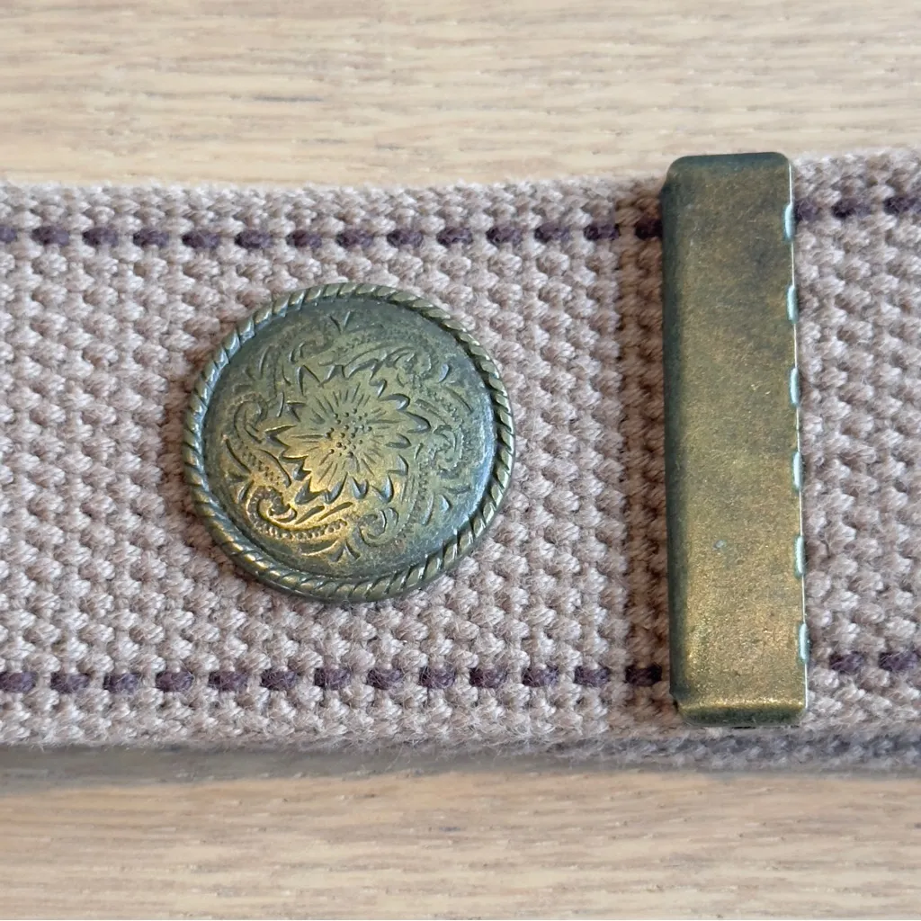 Vintage Y2K 90s Canvas Woven Belt Grommets Tan/Brass Boho Western 100% Cotton M - Image 3