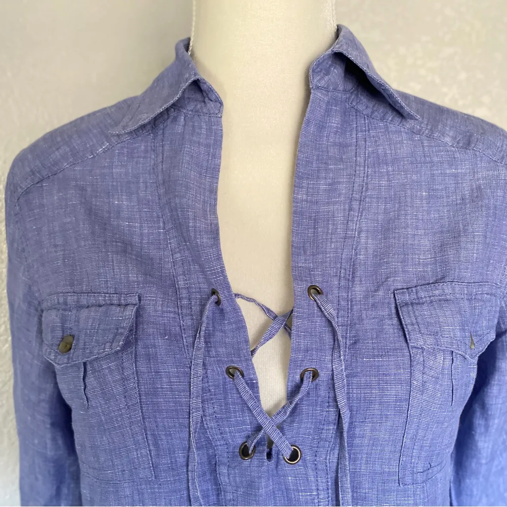Tommy Bahama Blue Denim Chambray
Front Tie Roll Tab Sleeve Shirt Dress Sz XS - Image 3