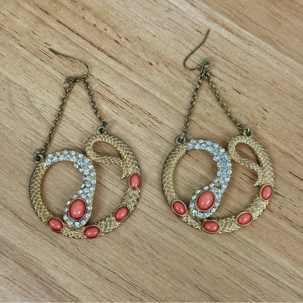 Vntg Bebe Rhinestone Beaded Snake Dangle Statement Earrings Gold‎ Coral Orange - Image 6
