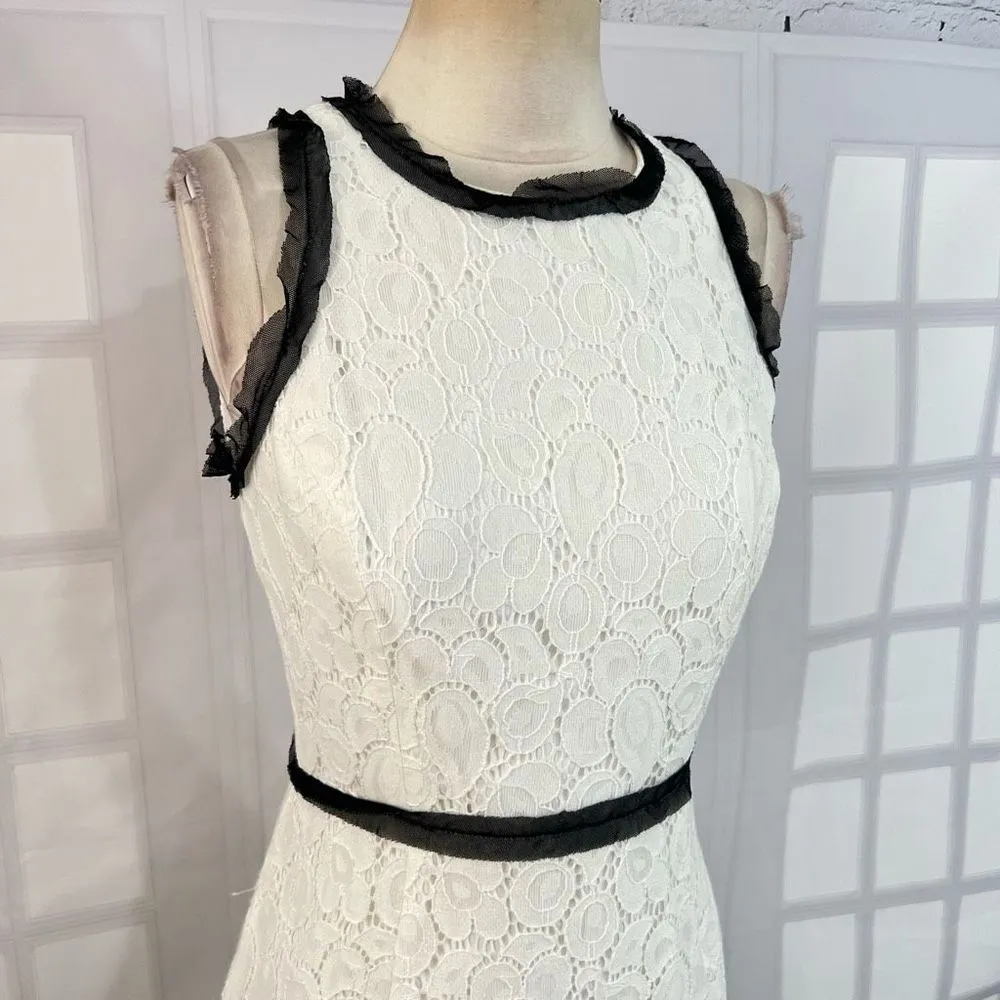Milly Women's White Lace Sleeveless Black Frill Trim Sheath Mini Dress Size 6 - Image 2