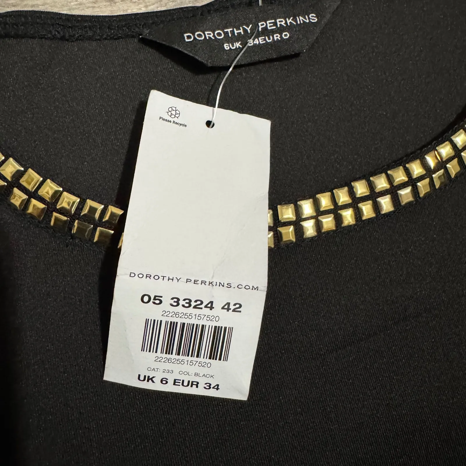 New Dorothy Perkins Black Peplum Top Gold Studded Neckline Hem Women Size XS - Image 9