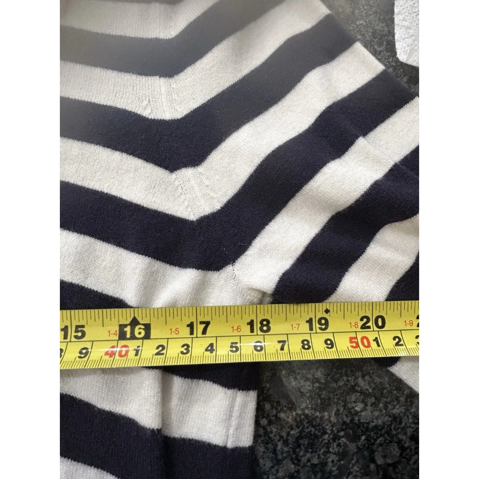 Gold Button Knit Cardigan Sweater Women Medium White Navy Stripe Rich Mom Preppy - Image 6