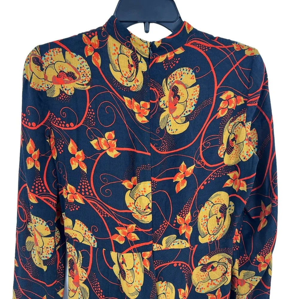 Zara Black with Orange Retro Floral Long Sleeve Dress Size XS - Image 4