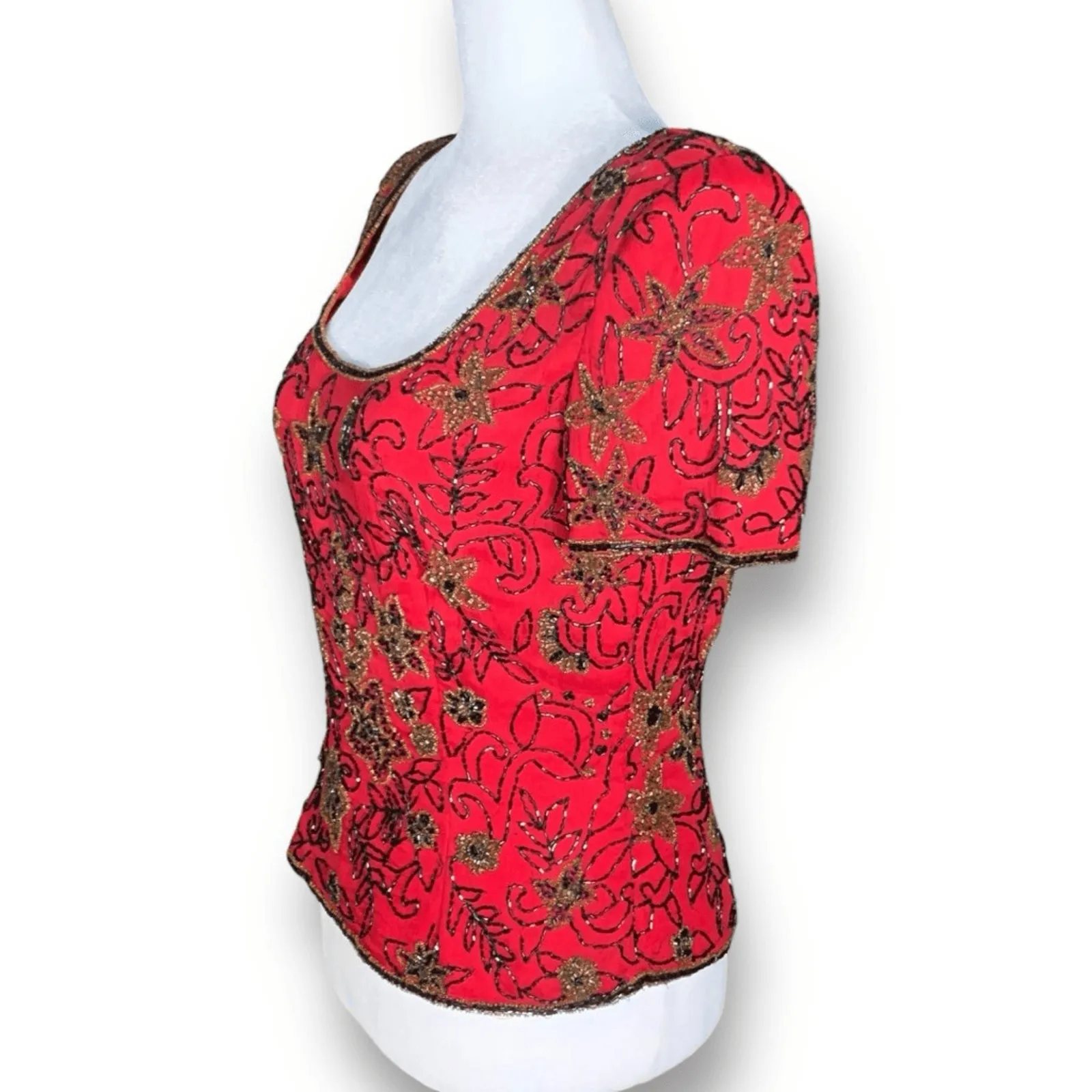 Vintage Papell Boutique Blouse Red Black Silk Embellished Metallic Floral Design - Image 2