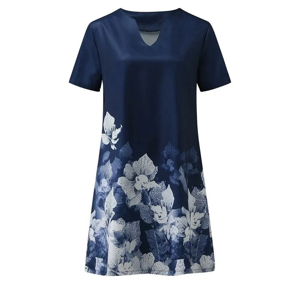 Women Casual Short Sleeve V Neck Loose Midi Dress Floral Print Shirt Dress Blue Size M - Image 3