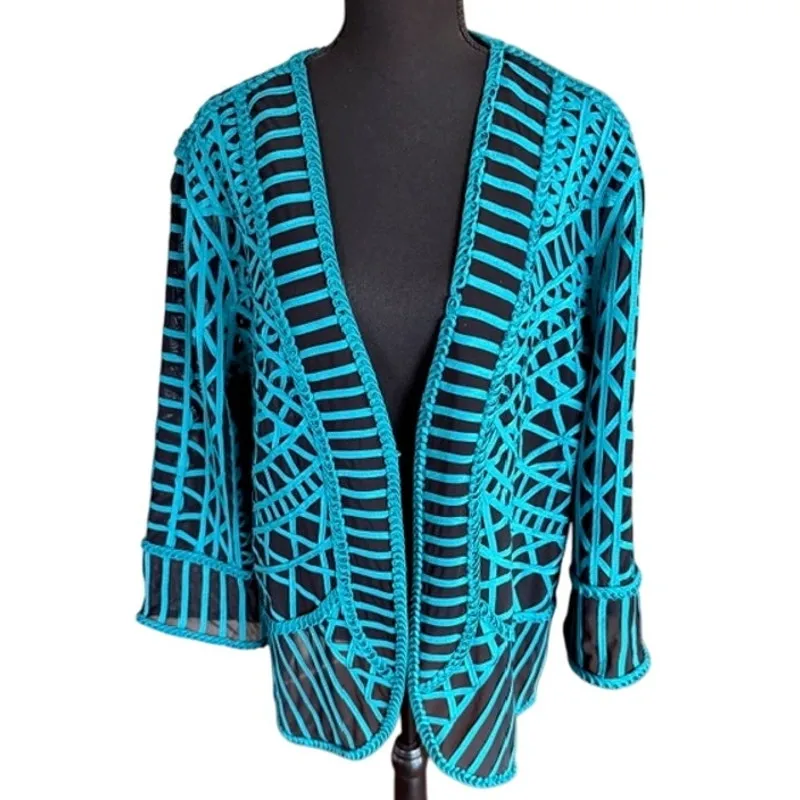 Chico’s Travelers Turquoise Embroidered Mesh Jacket Cardigan – Size 3 - Image 2