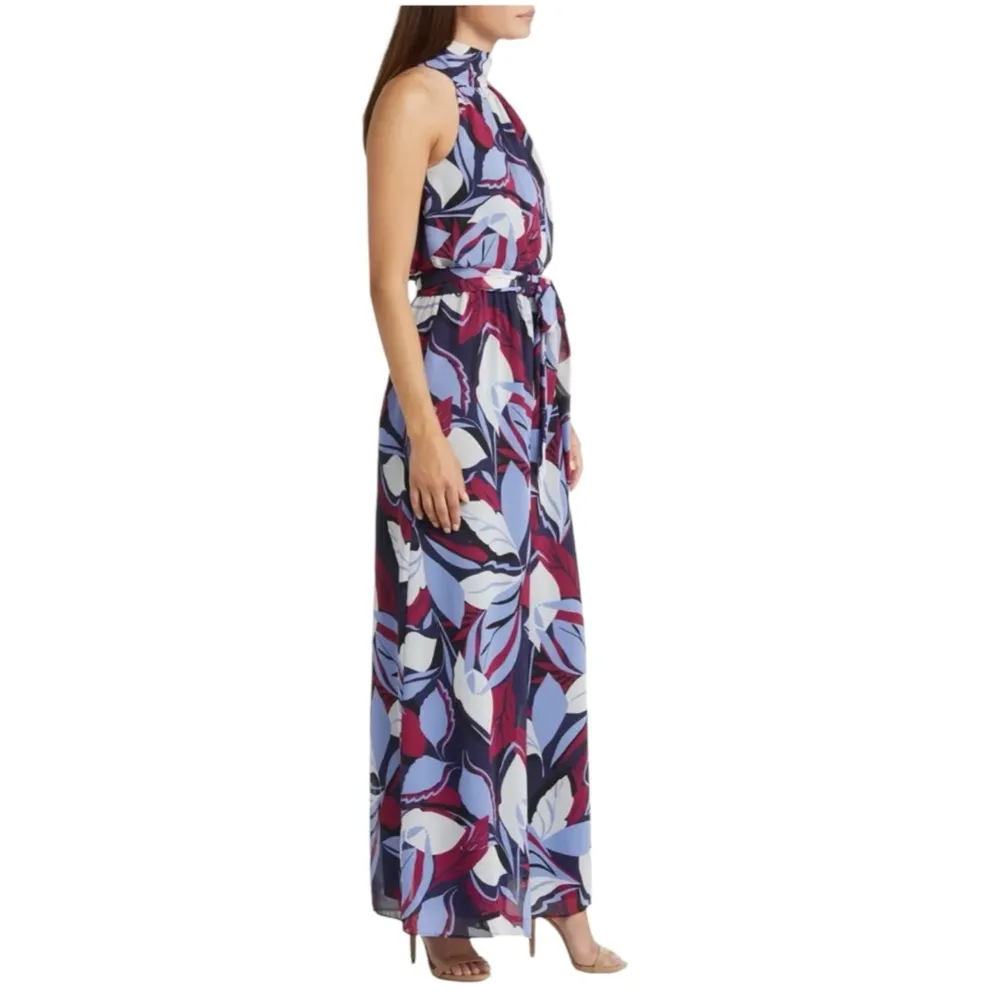 Eliza J Print Tie Waist Wide Leg Jumpsuit 4 Floral‎ Purple Burgundy High Neck - Image 3