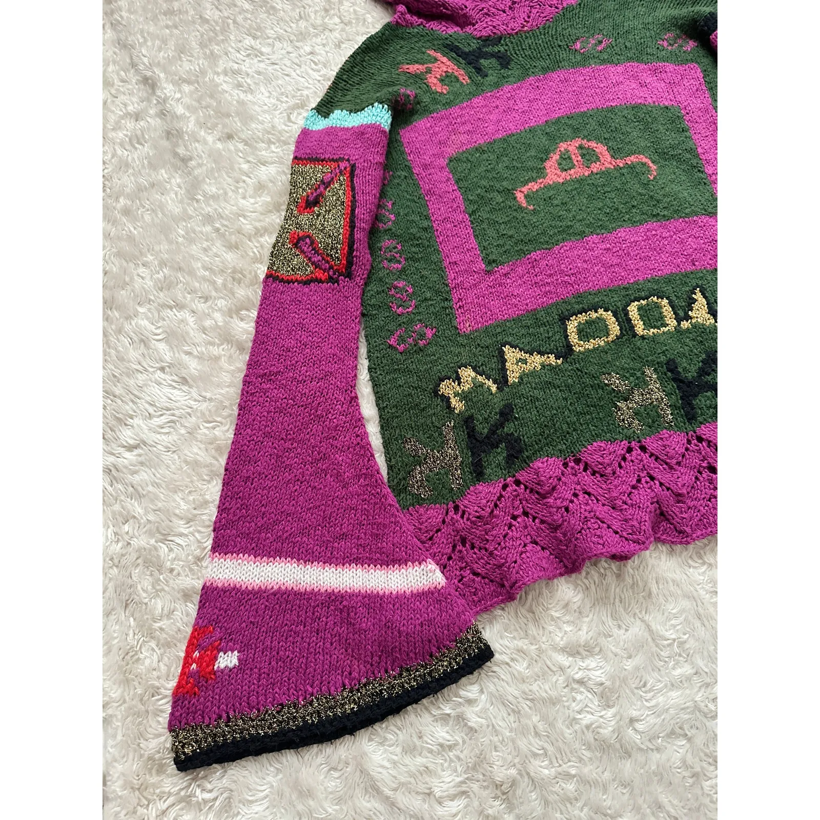 Handmade Madonna Knit Crochet Hooded Sweater Multicolor Bell Sleeve OSFM - Image 11