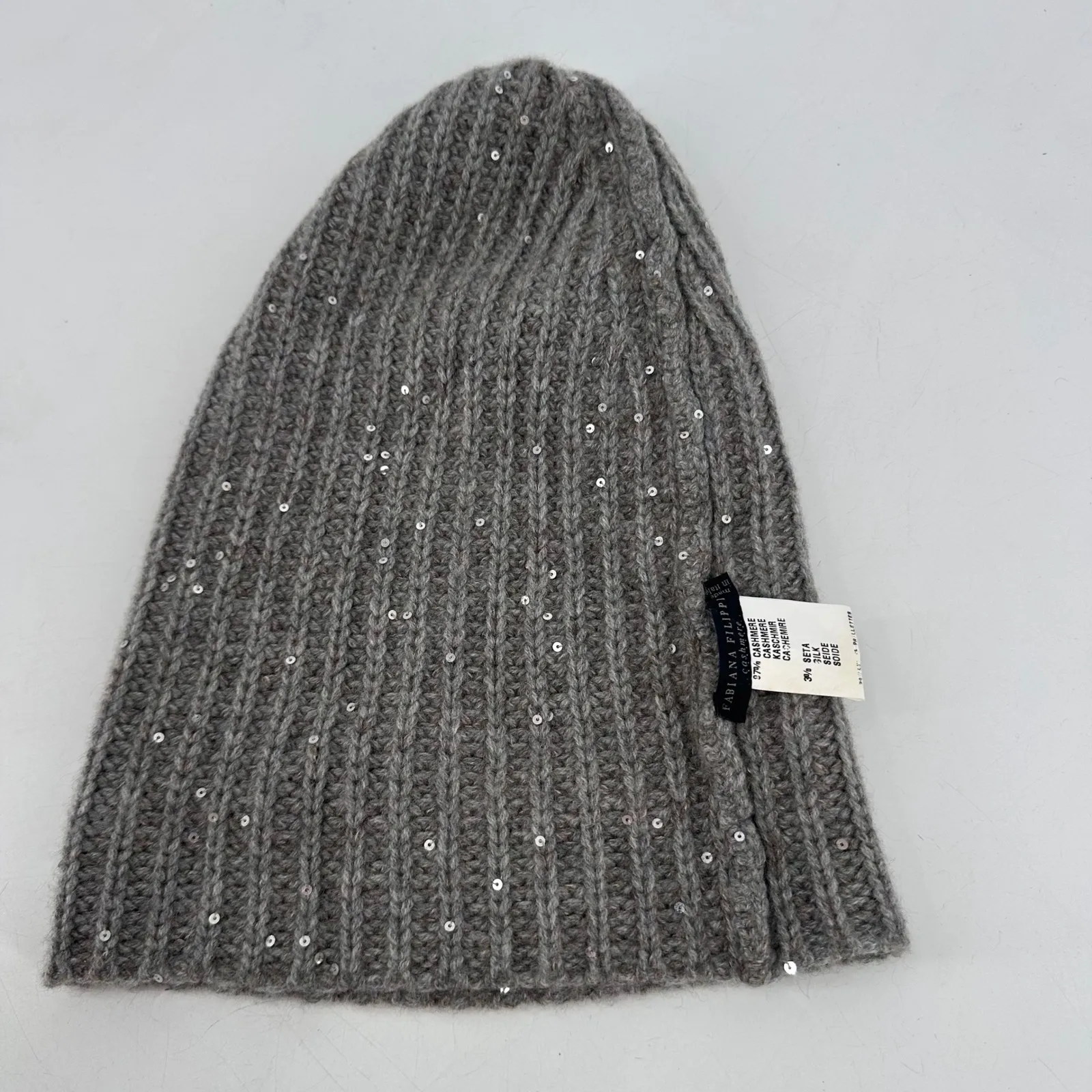 Fabiana Filippi Cashmere Silk Beanie Hat Sequins Gray‎ Made in Italy Gray - Image 3