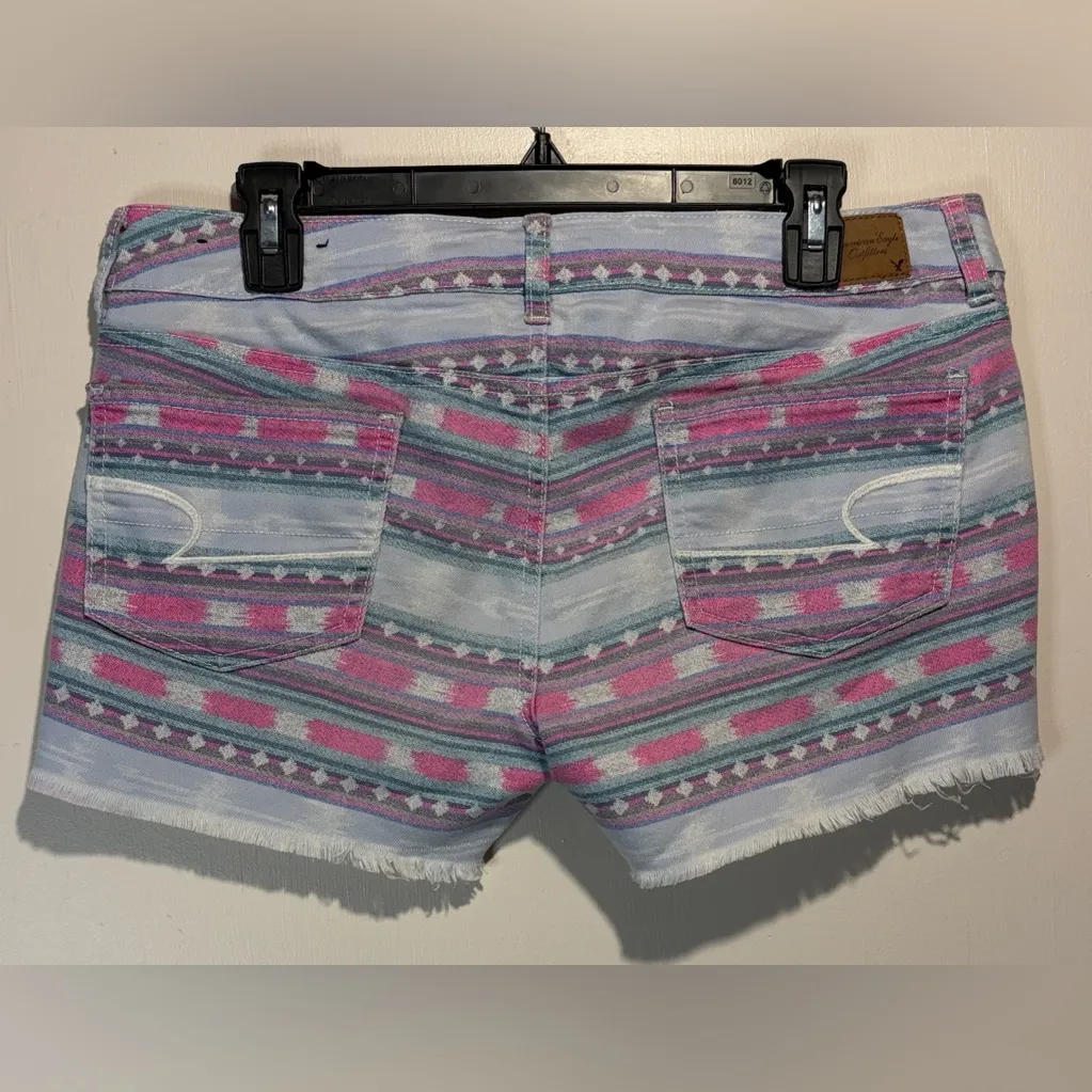 American Eagle- Pink Blue White Aztec Style Raw Hem Stretch Jean Shorts- Size 10 - Image 2