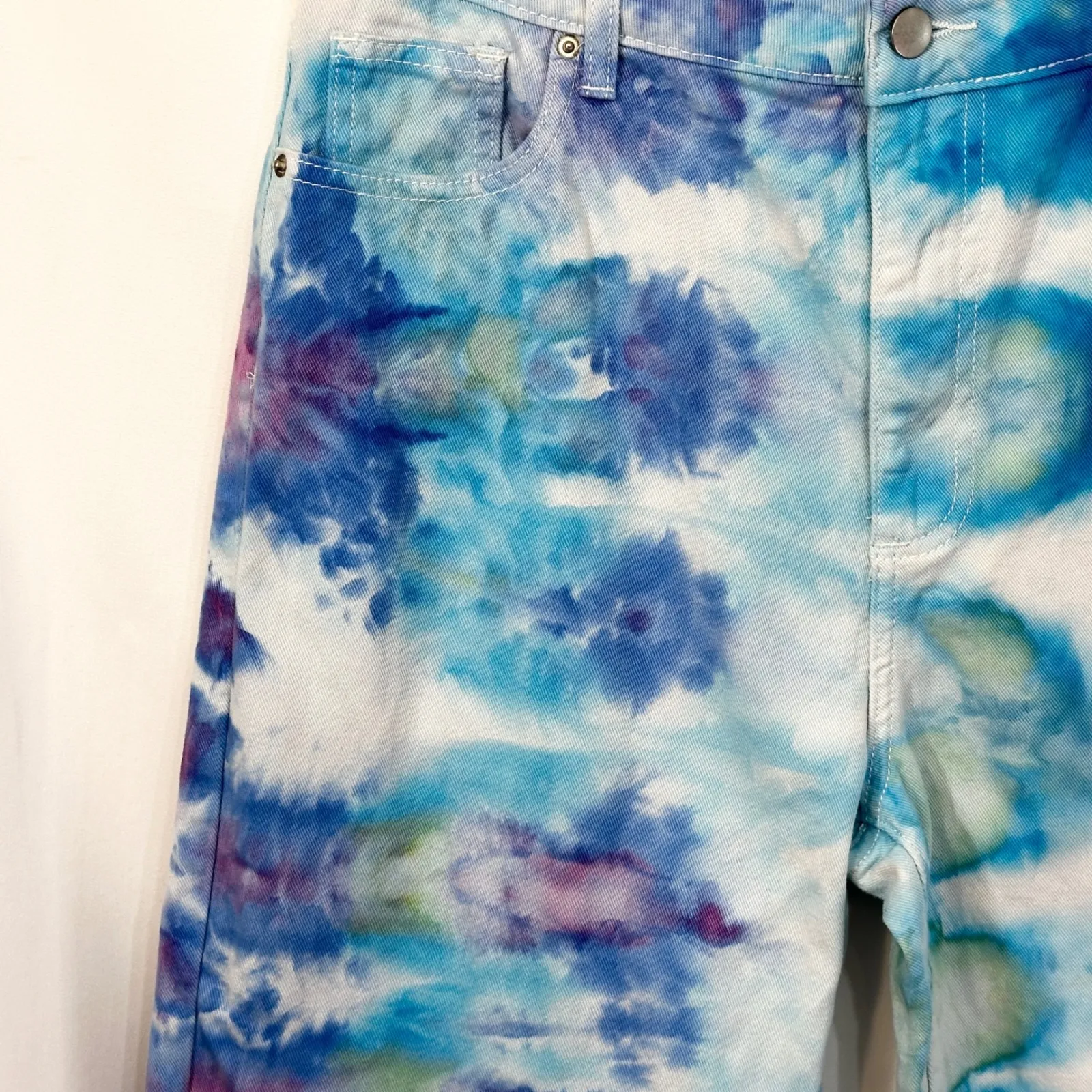 JUSTFAB Size 31 Crop Jeans Handmade Tie Dye Blue‎ Purple Ankle Raw High Rise 352 - Image 7