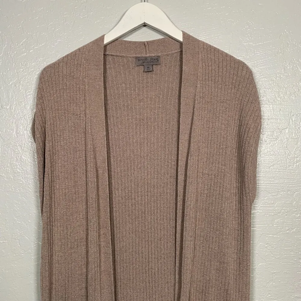 Women XS Taupe Brown Vest Sweater Open Front Ribbed Pockets - Image 3