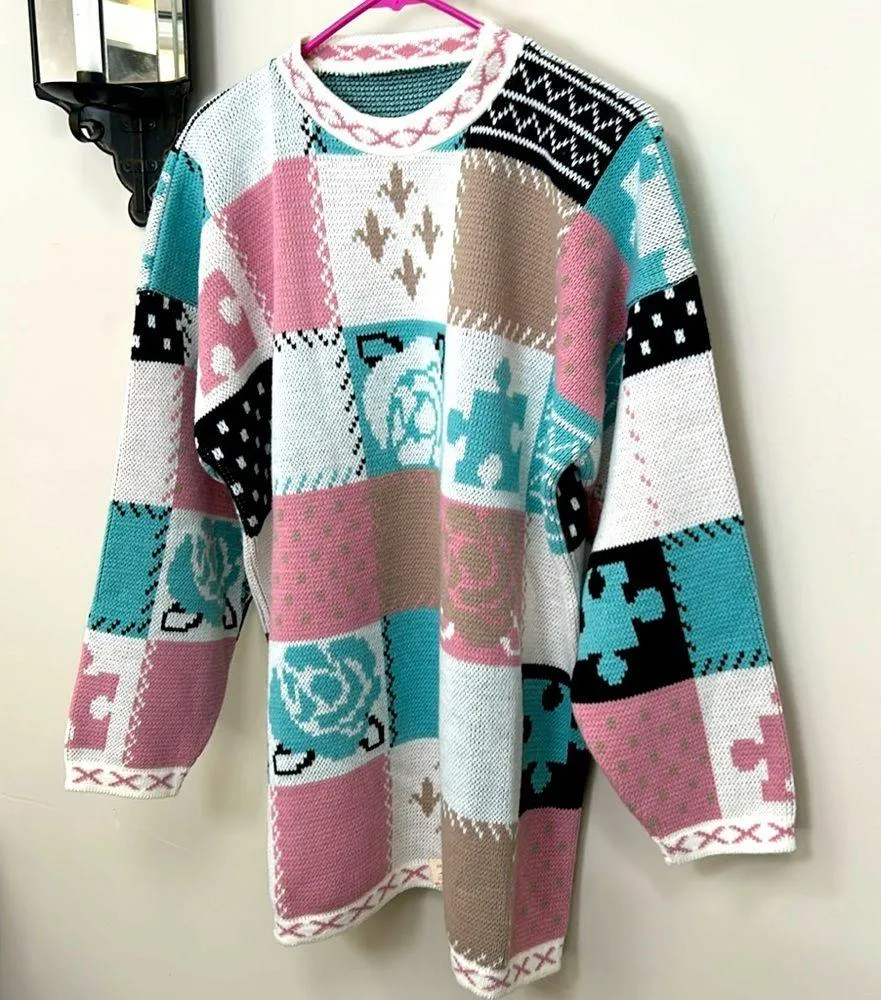 Private Eyes Vintage Sweater with roses and puzzle pieces M Pink Size M - Image 8