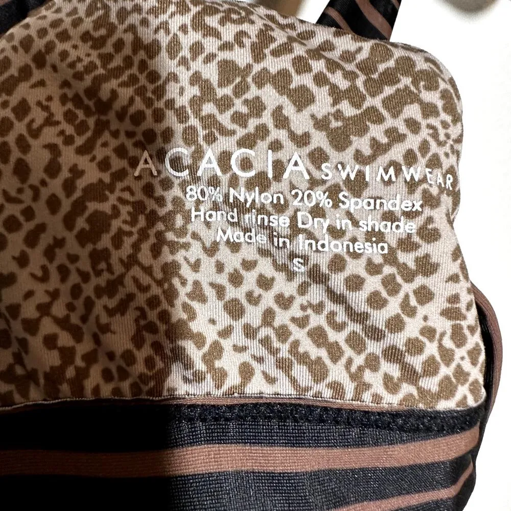 Acacia DUBAI Bikini Set High Neck Low Cut Triangle Strappy Black Brown Striped Size M - Image 4