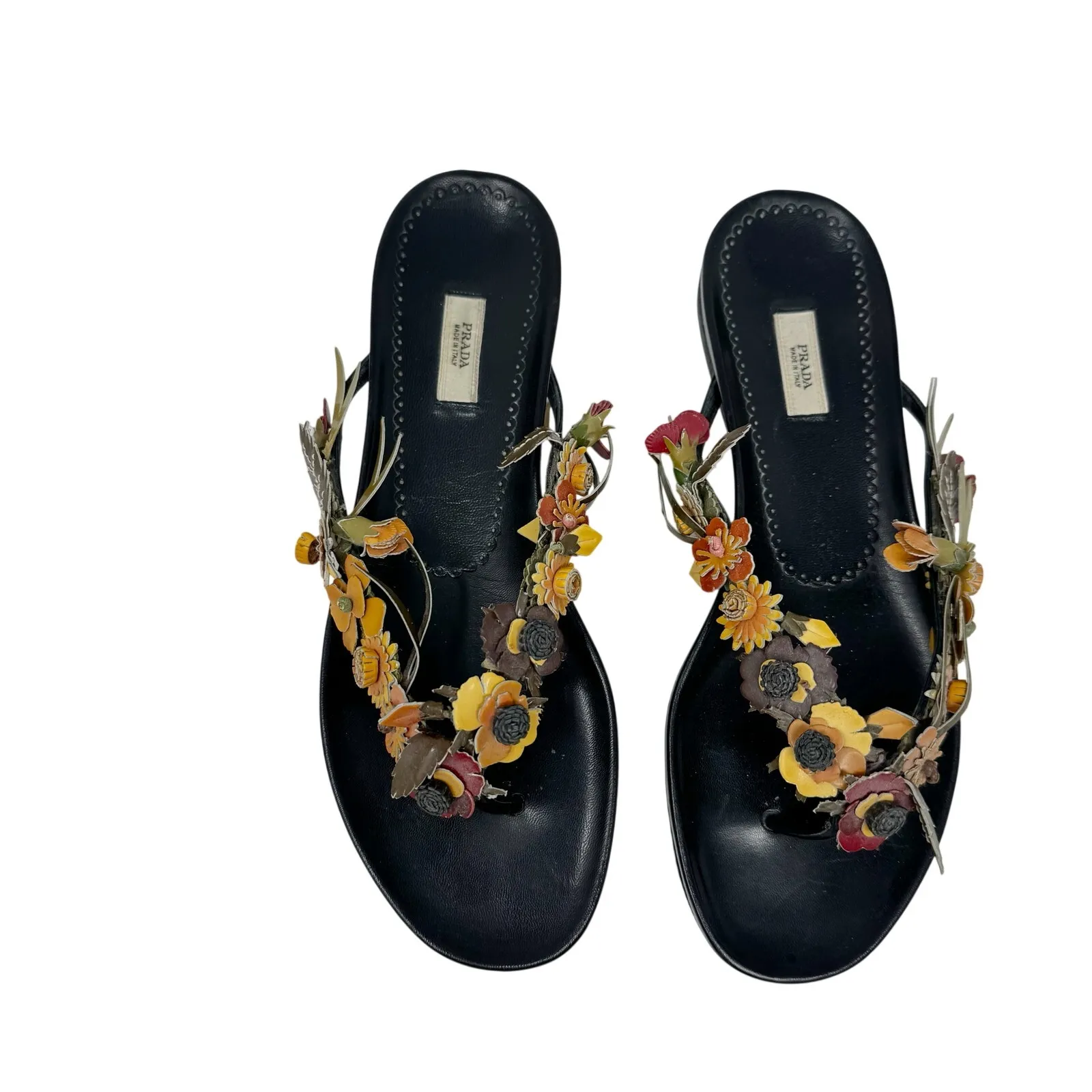 Prada Vintage Floral Leather Thong Sandals EU 37 Y2K Fairycore Cottagecore - Image 2